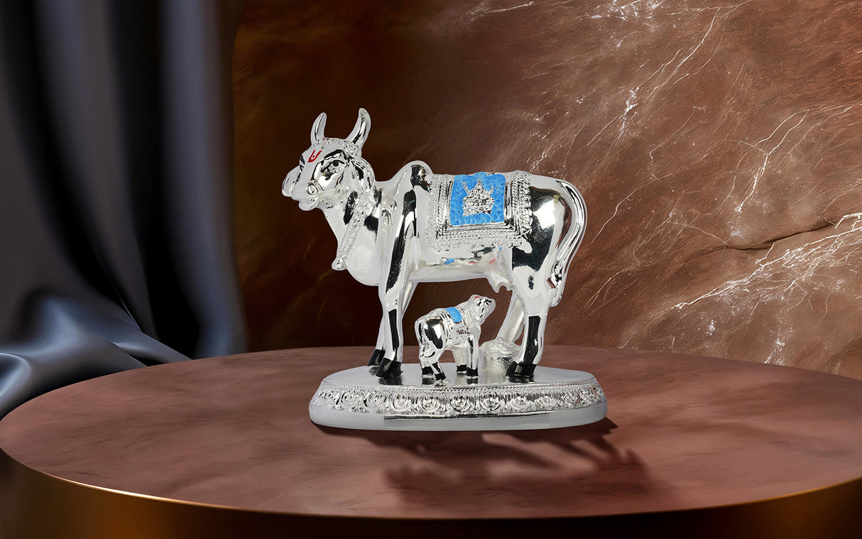 Oval Base Silver Cow with Calf Idol